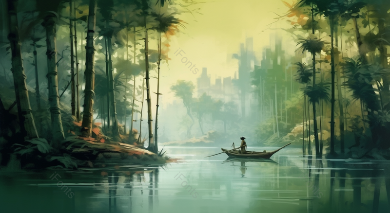 黄色夕阳树林小溪中的渔船风景画,插画/手绘图,插画/手绘图库,插画/手绘图下载,插画/手绘